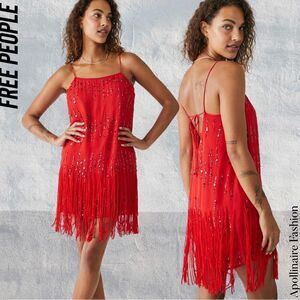 FREE PEOPLE CRYSTAL CLEAR MINI DRESS SEQUINED RED NEW IN SP